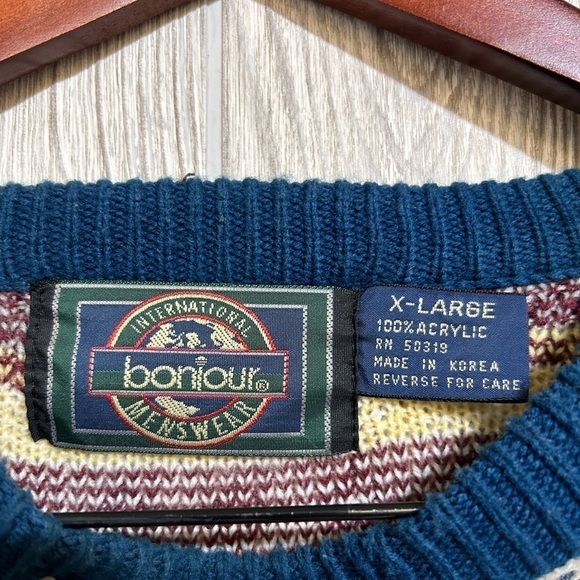 Vintage Bonjour Menswear 90’s Y2K Fair Isle Pattern Winter Ski Sweater XL - Picture 5 of 11
